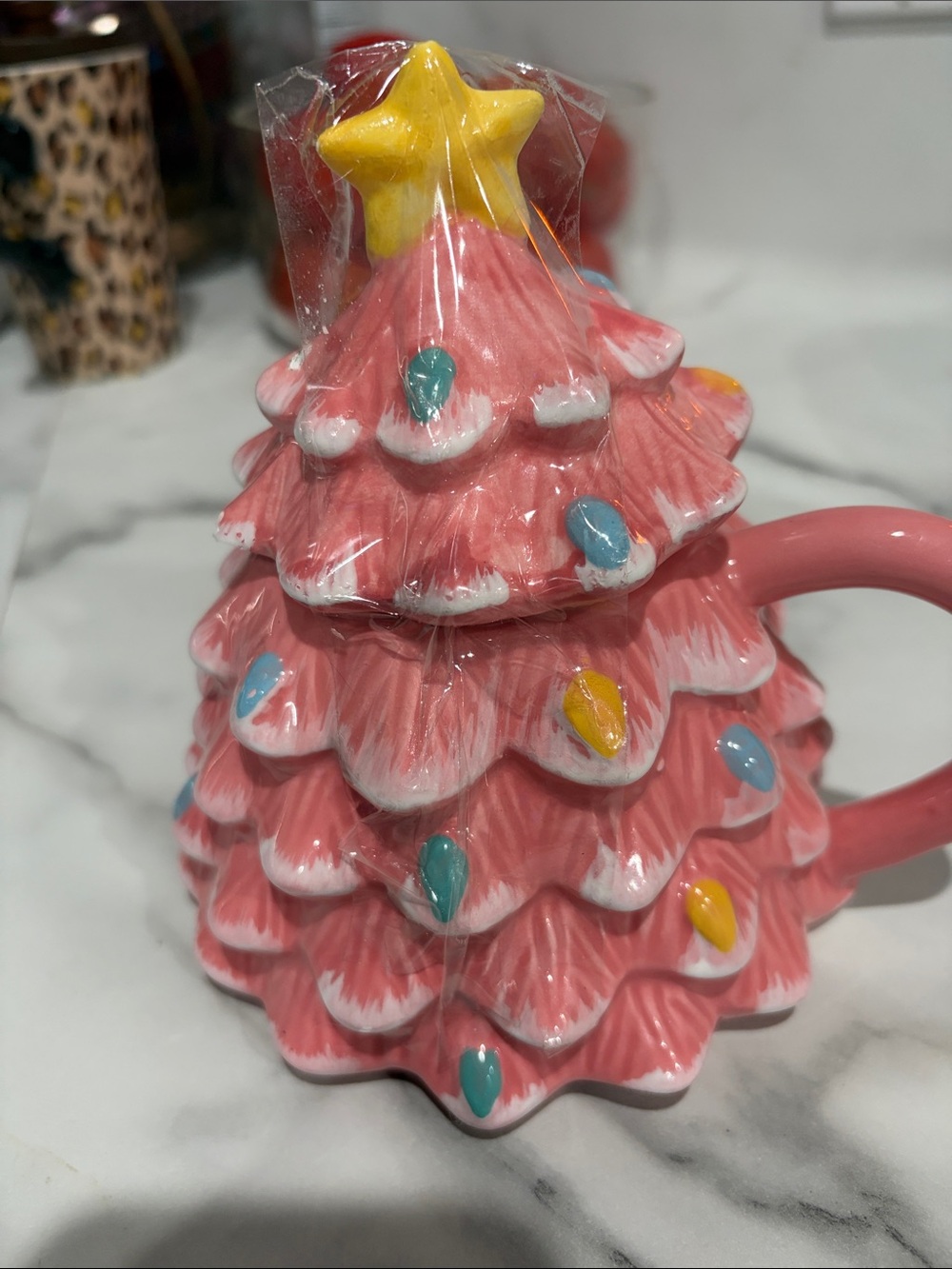 Pink Ceramic Christmas Tree Mug with Star Lid